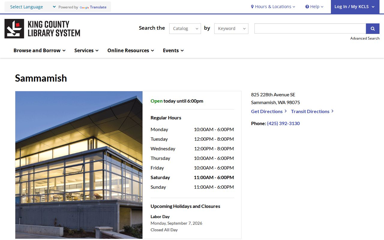 Sammamish city directory research at the KCLS branch page